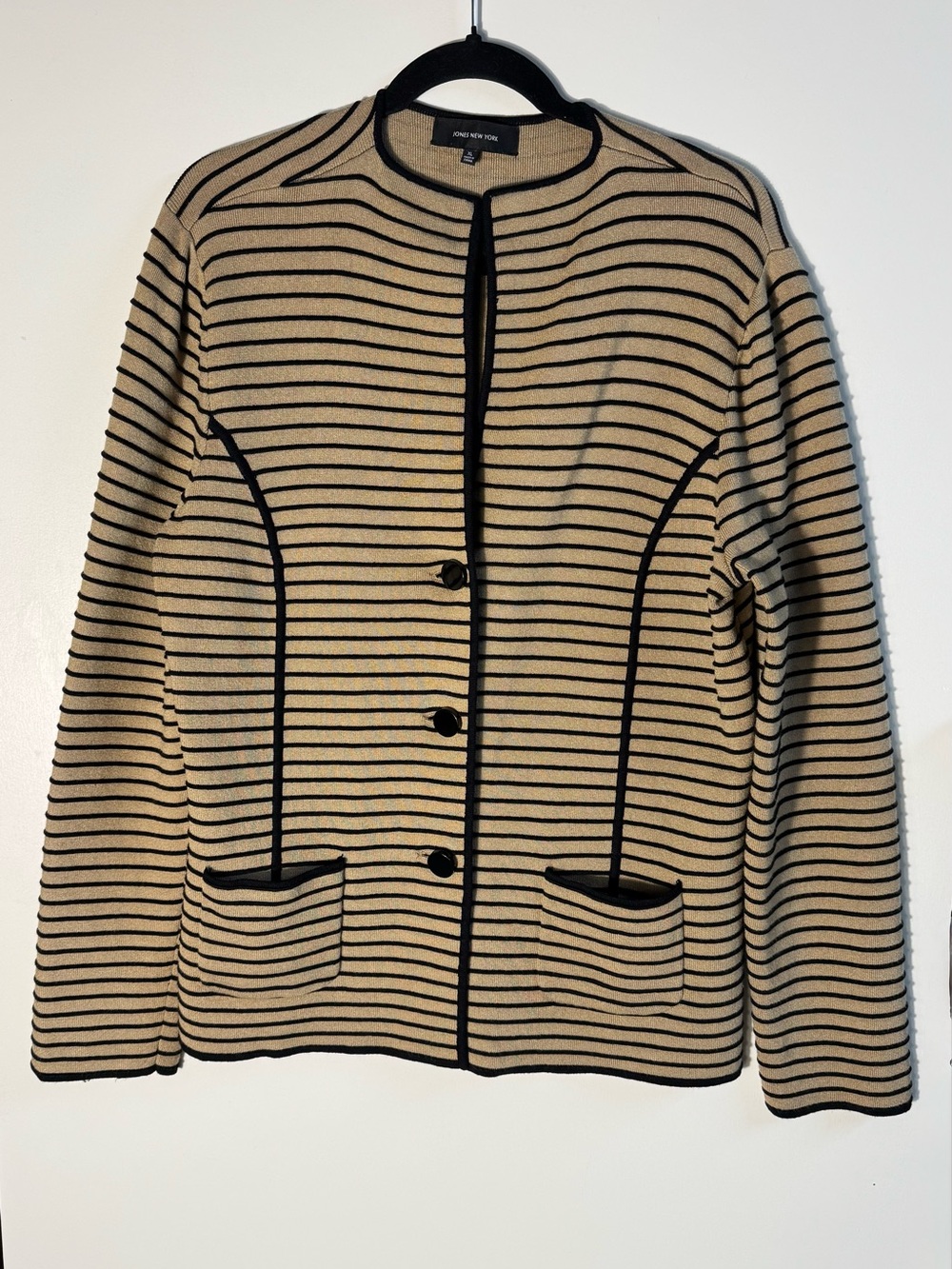 Jones New York Black-Trim Beige Striped Cardigan